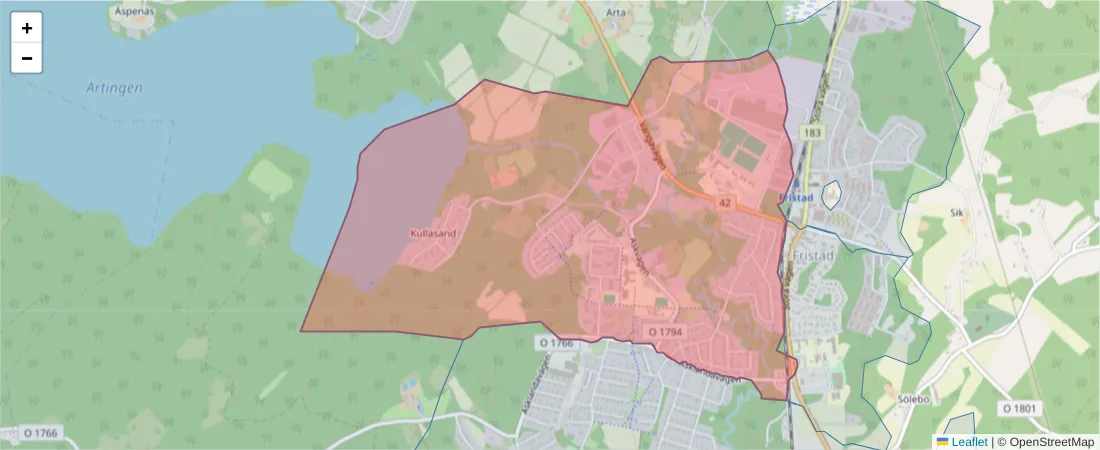 Karta över postnummerområdet  och angränsande postnummer i Sverige
