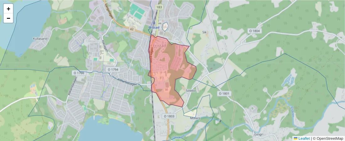 Karta över postnummerområdet  och angränsande postnummer i Sverige