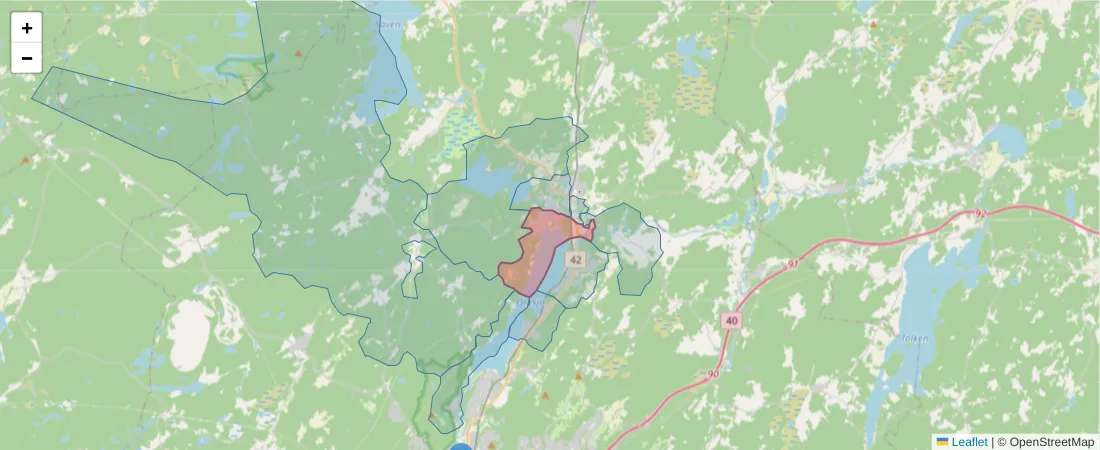 Karta över postnummerområdet  och angränsande postnummer i Sverige