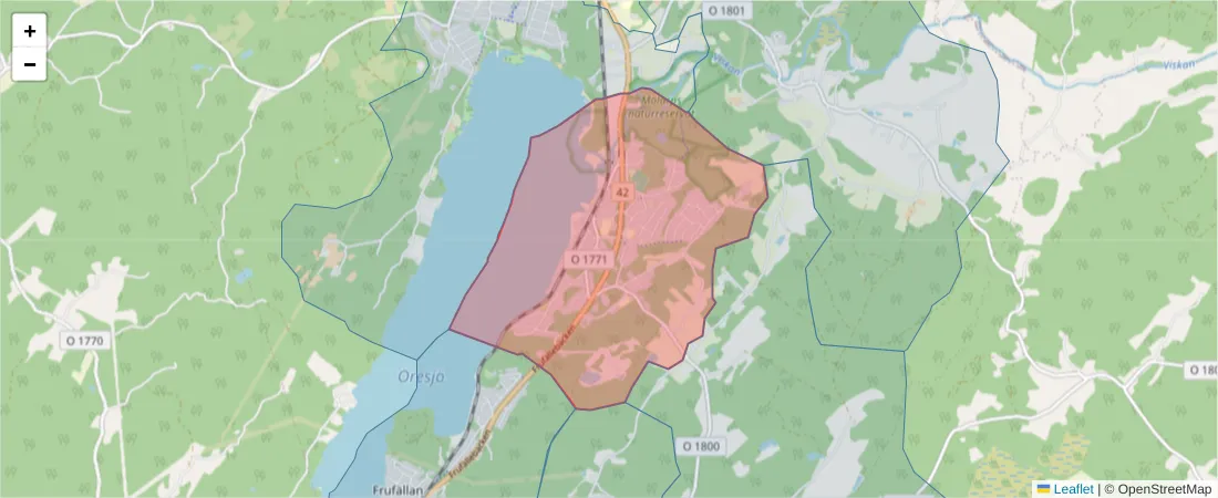 Karta över postnummerområdet  och angränsande postnummer i Sverige