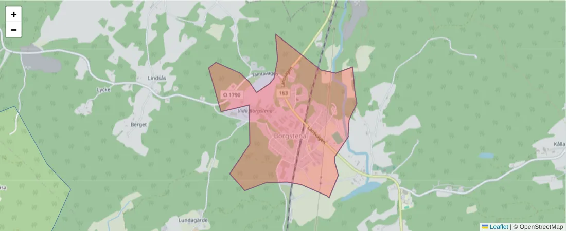 Karta över postnummerområdet  och angränsande postnummer i Sverige