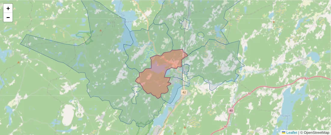 Karta över postnummerområdet  och angränsande postnummer i Sverige