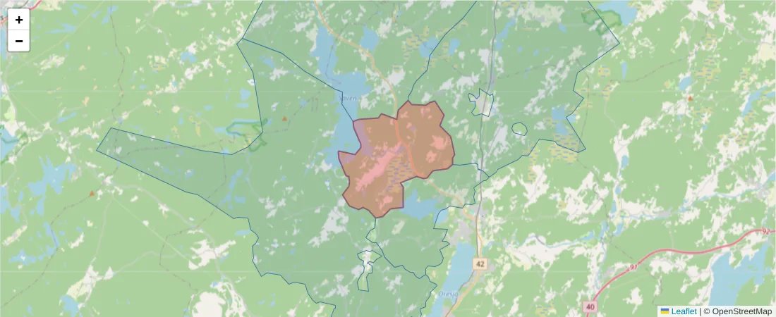 Karta över postnummerområdet  och angränsande postnummer i Sverige
