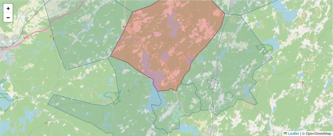 Karta över postnummerområdet  och angränsande postnummer i Sverige