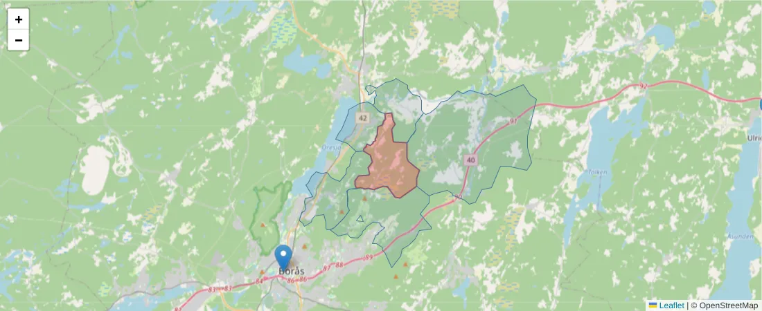 Karta över postnummerområdet  och angränsande postnummer i Sverige