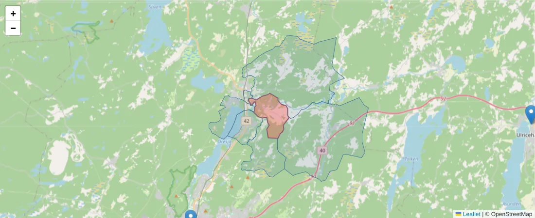 Karta över postnummerområdet  och angränsande postnummer i Sverige