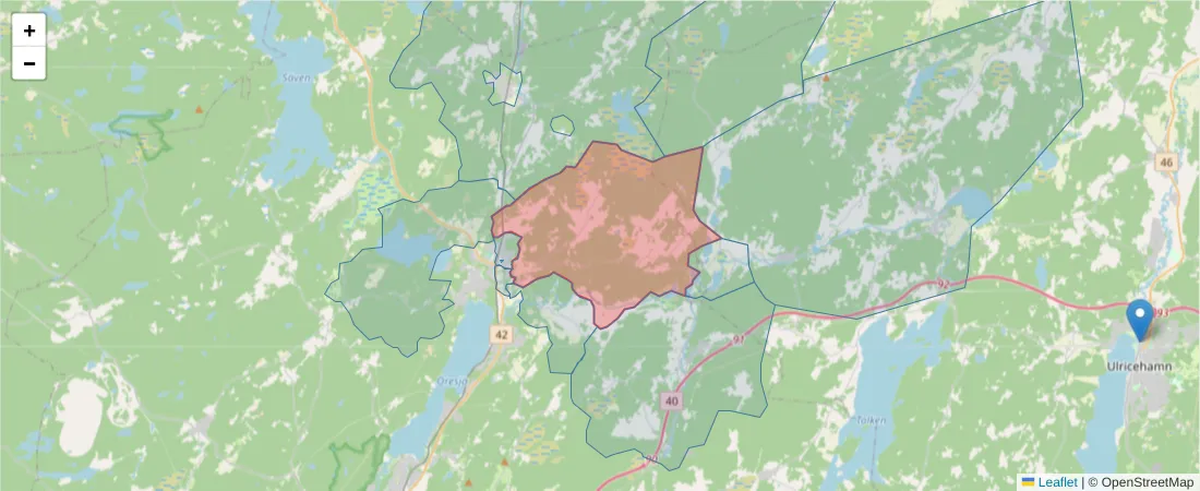 Karta över postnummerområdet  och angränsande postnummer i Sverige