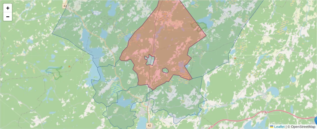 Karta över postnummerområdet  och angränsande postnummer i Sverige