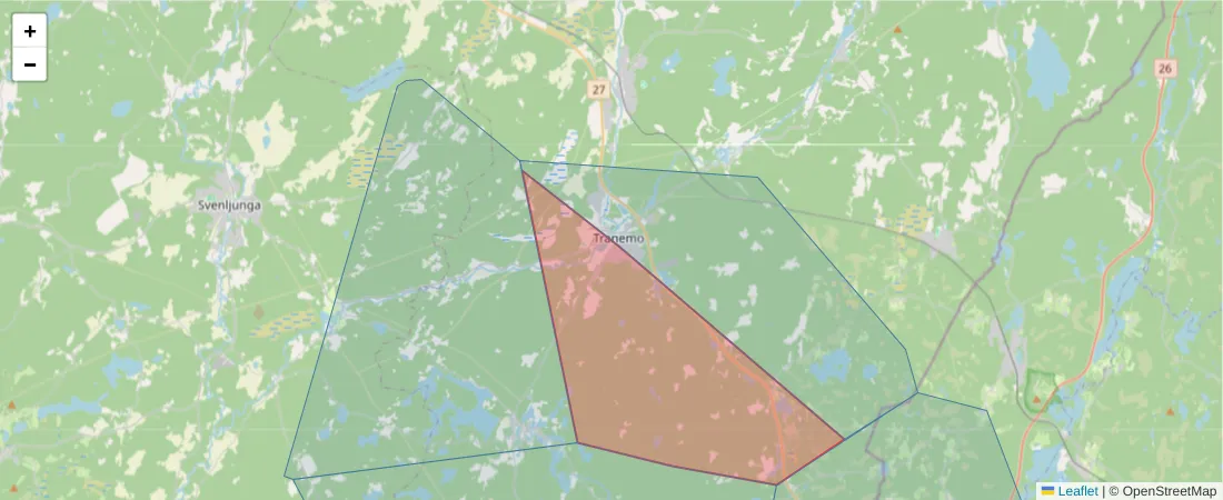 Karta över postnummerområdet  och angränsande postnummer i Sverige