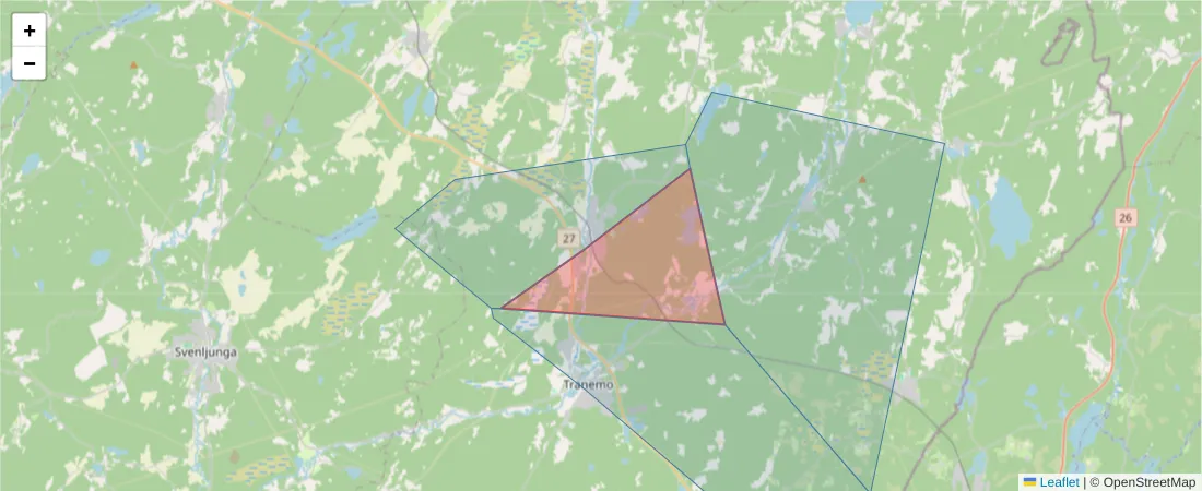 Karta över postnummerområdet  och angränsande postnummer i Sverige