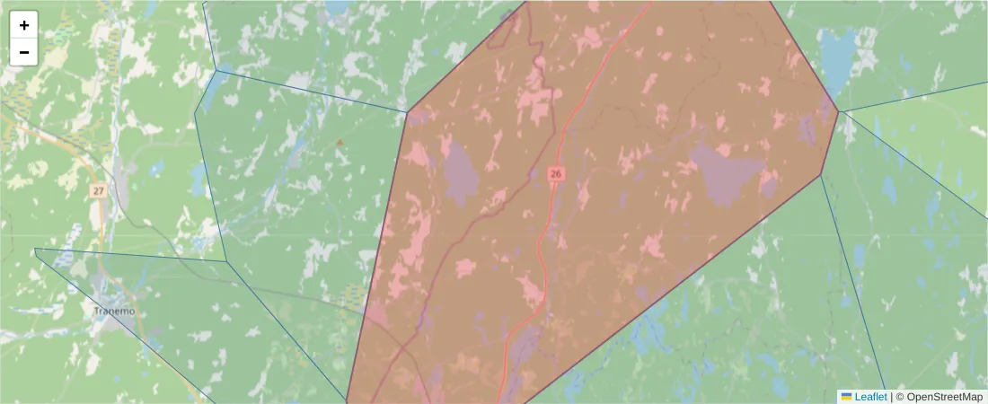 Karta över postnummerområdet  och angränsande postnummer i Sverige