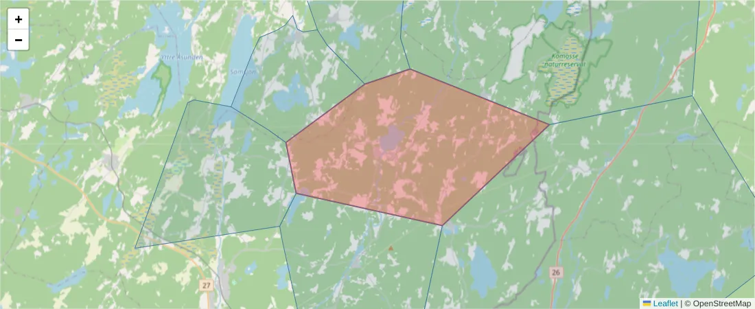 Karta över postnummerområdet  och angränsande postnummer i Sverige
