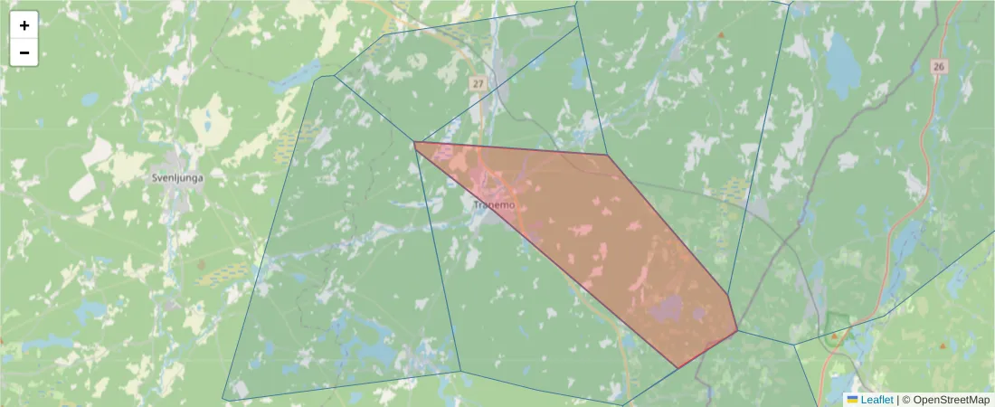 Karta över postnummerområdet  och angränsande postnummer i Sverige