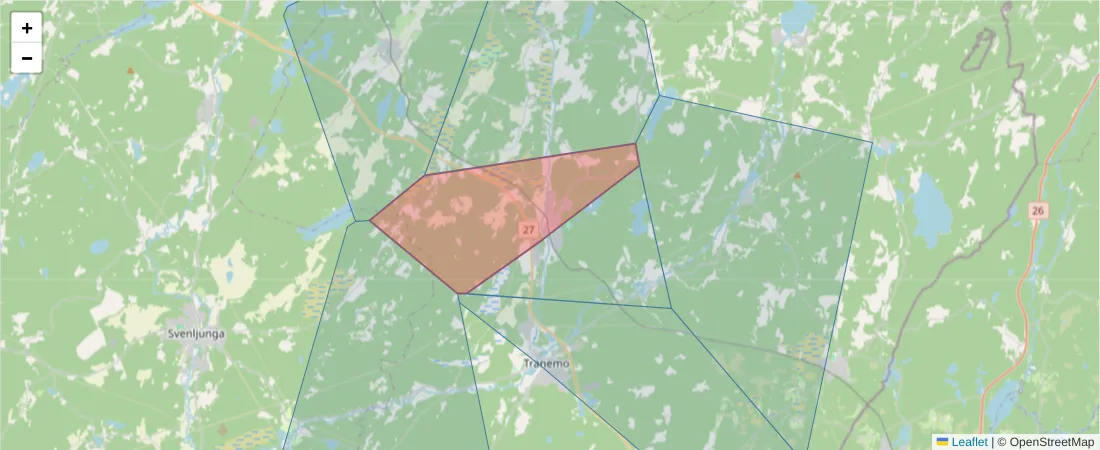Karta över postnummerområdet  och angränsande postnummer i Sverige