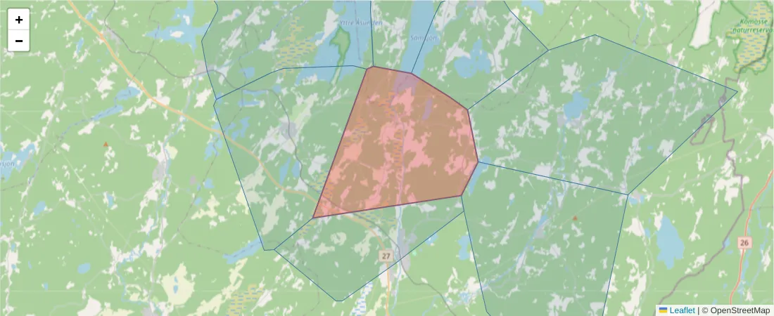 Karta över postnummerområdet  och angränsande postnummer i Sverige