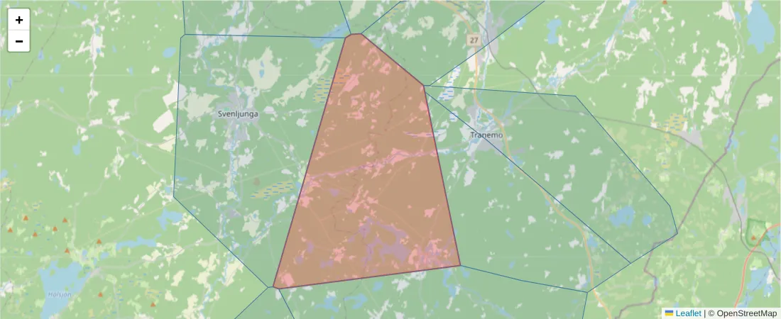 Karta över postnummerområdet  och angränsande postnummer i Sverige