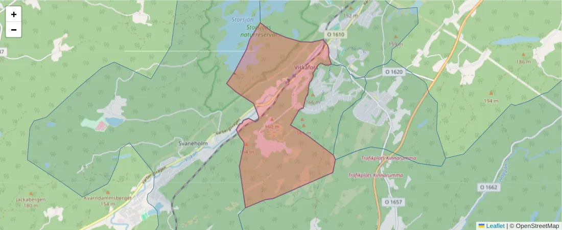 Karta över postnummerområdet  och angränsande postnummer i Sverige