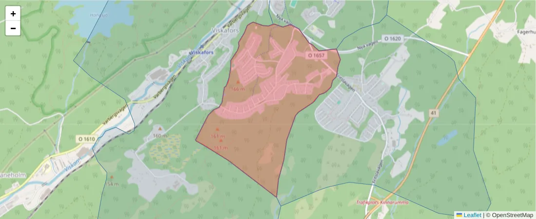 Karta över postnummerområdet  och angränsande postnummer i Sverige