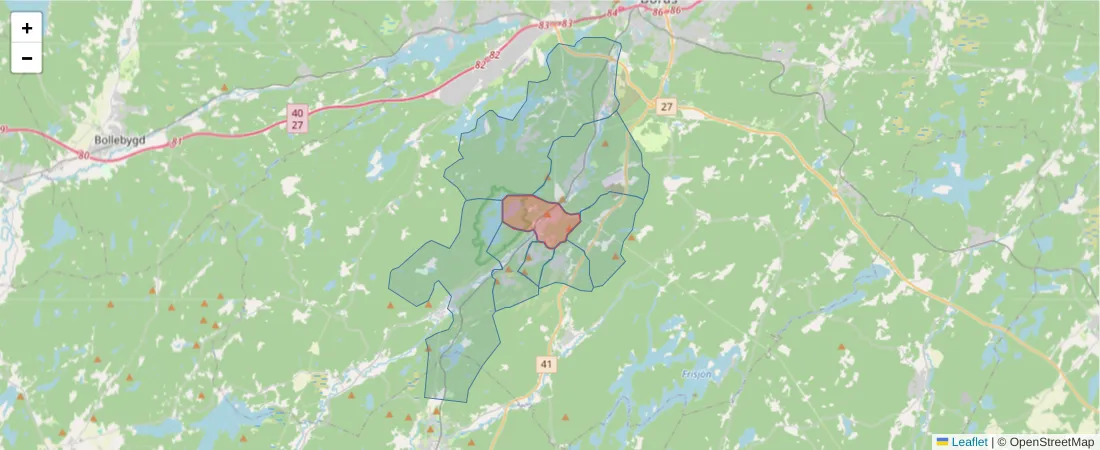 Karta över postnummerområdet  och angränsande postnummer i Sverige