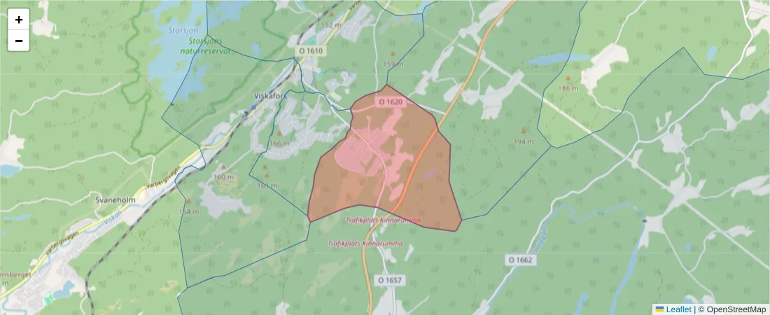 Karta över postnummerområdet  och angränsande postnummer i Sverige