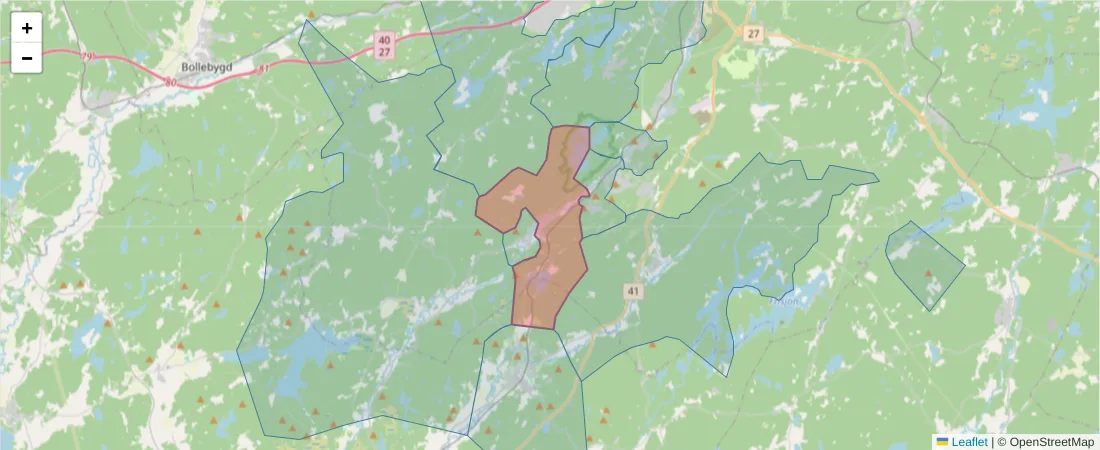 Karta över postnummerområdet  och angränsande postnummer i Sverige