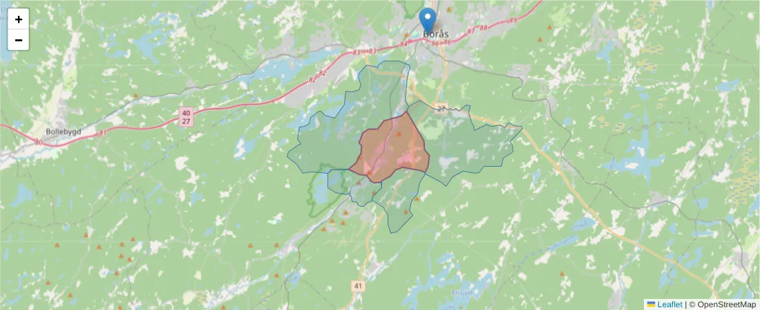 Karta över postnummerområdet  och angränsande postnummer i Sverige