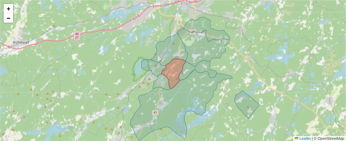 Karta över postnummerområdet  och angränsande postnummer i Sverige
