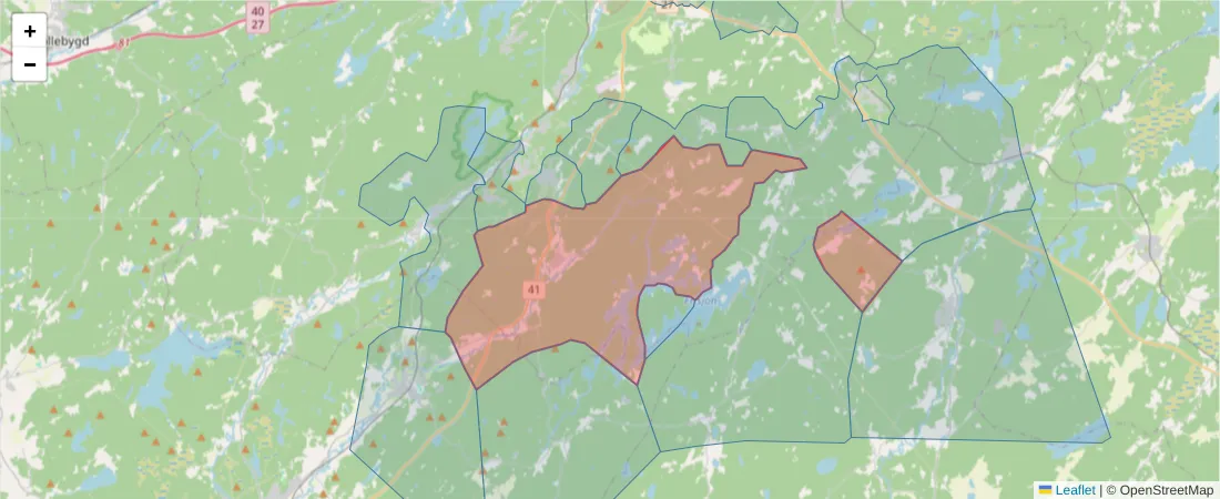 Karta över postnummerområdet  och angränsande postnummer i Sverige