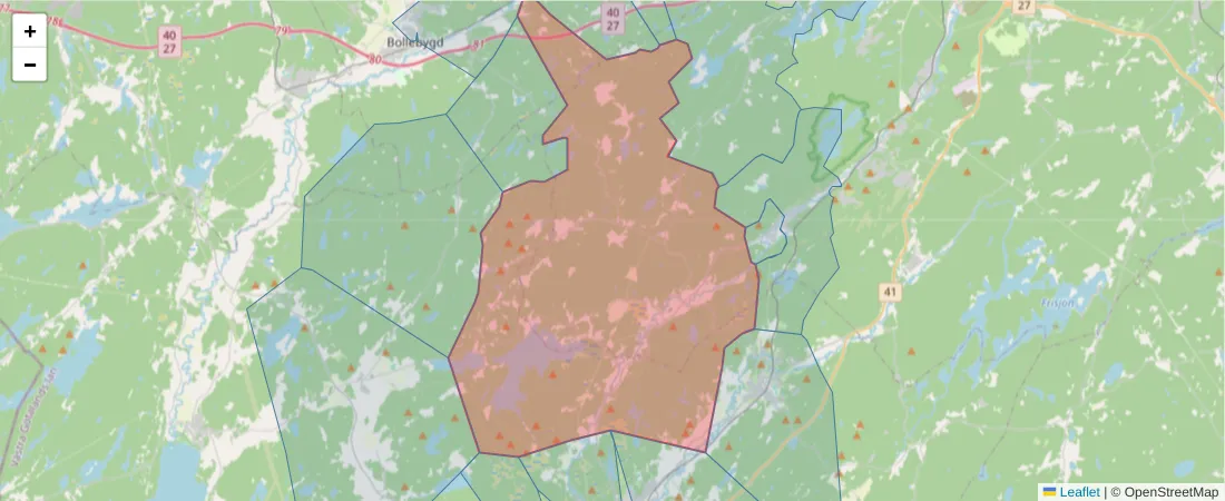 Karta över postnummerområdet  och angränsande postnummer i Sverige