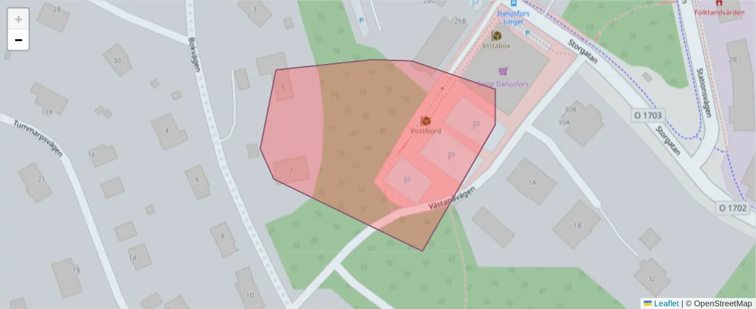 Karta över postnummerområdet  och angränsande postnummer i Sverige