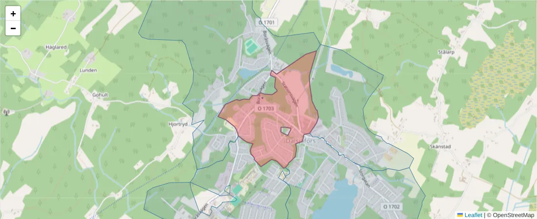 Karta över postnummerområdet  och angränsande postnummer i Sverige