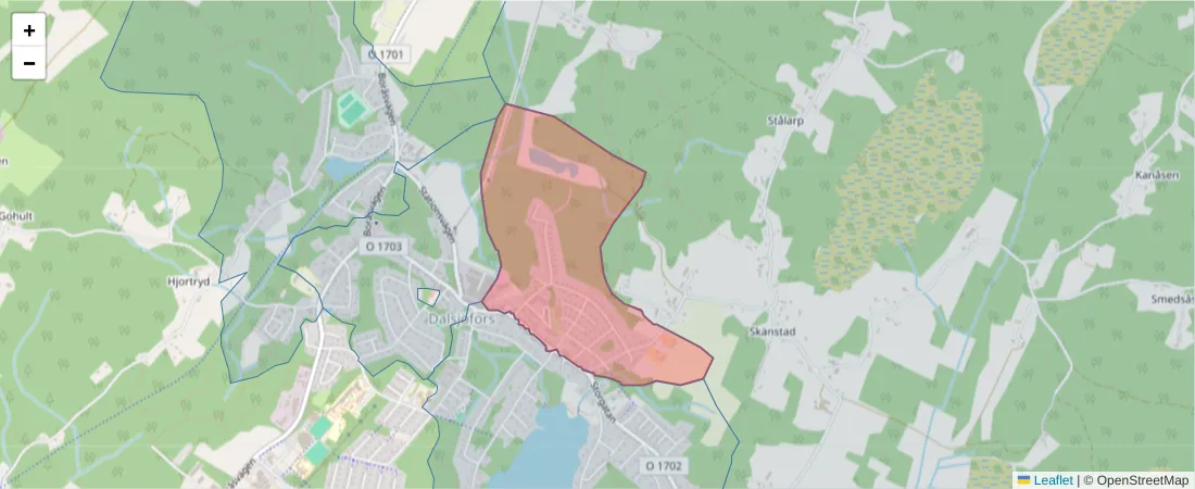 Karta över postnummerområdet  och angränsande postnummer i Sverige