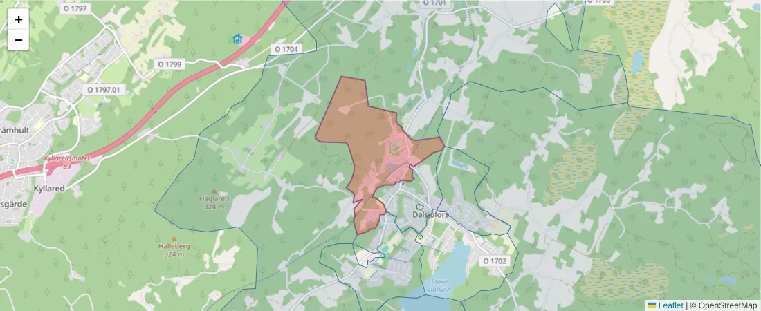 Karta över postnummerområdet  och angränsande postnummer i Sverige