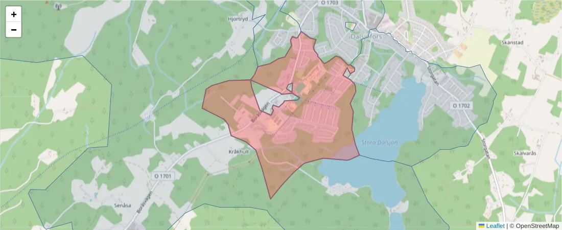 Karta över postnummerområdet  och angränsande postnummer i Sverige