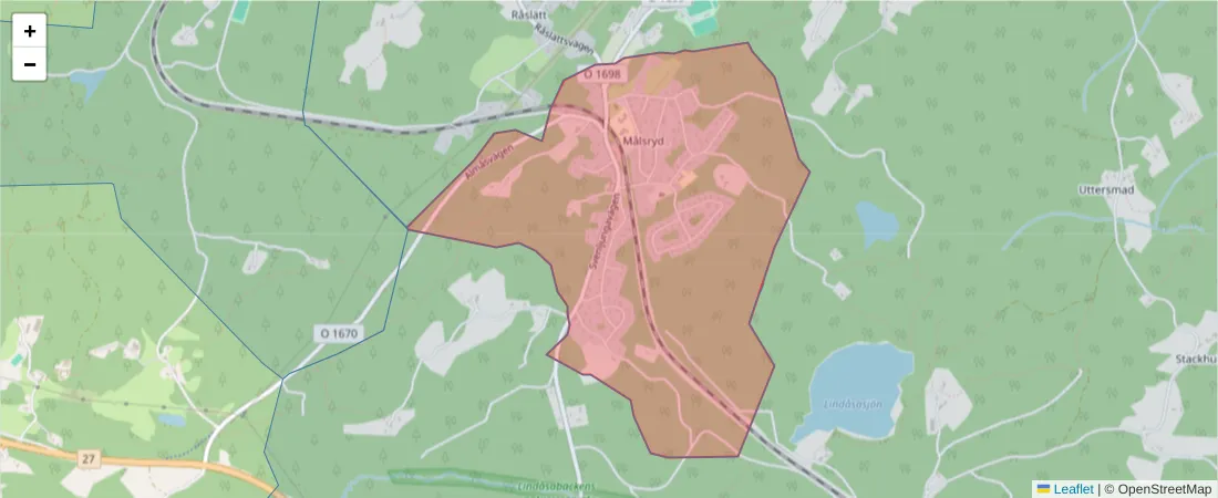 Karta över postnummerområdet  och angränsande postnummer i Sverige