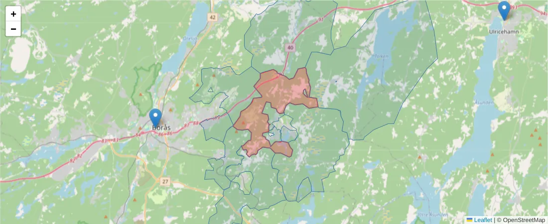 Karta över postnummerområdet  och angränsande postnummer i Sverige