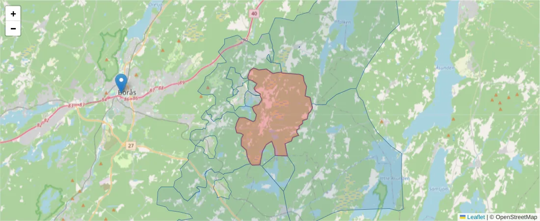 Karta över postnummerområdet  och angränsande postnummer i Sverige