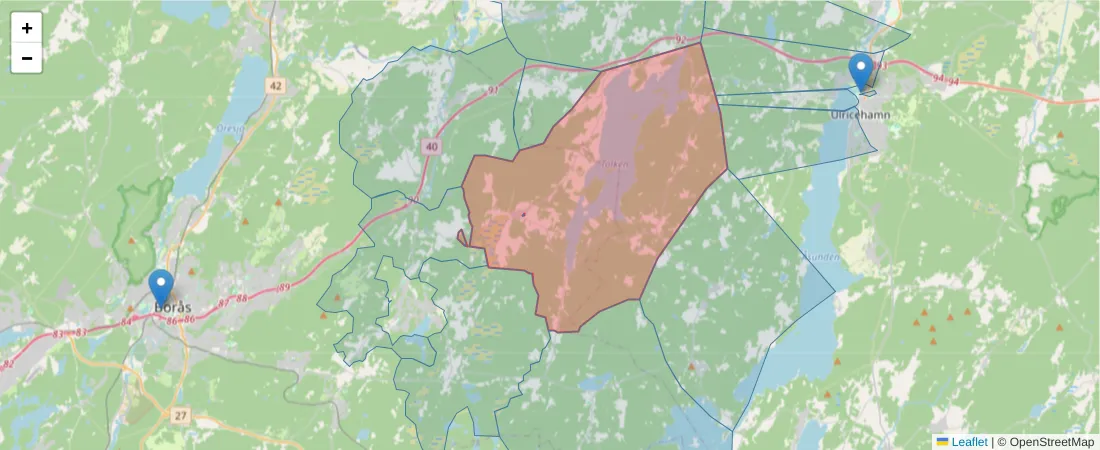 Karta över postnummerområdet  och angränsande postnummer i Sverige