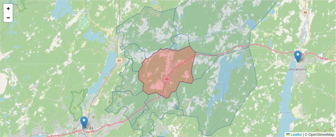 Karta över postnummerområdet  och angränsande postnummer i Sverige