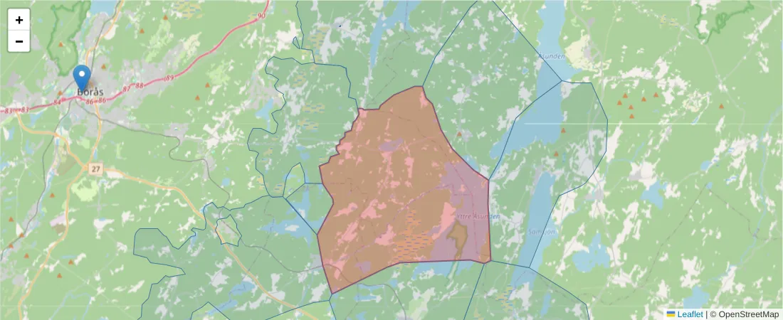 Karta över postnummerområdet  och angränsande postnummer i Sverige