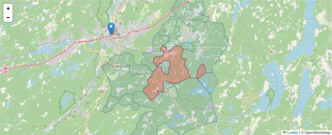 Karta över postnummerområdet  och angränsande postnummer i Sverige