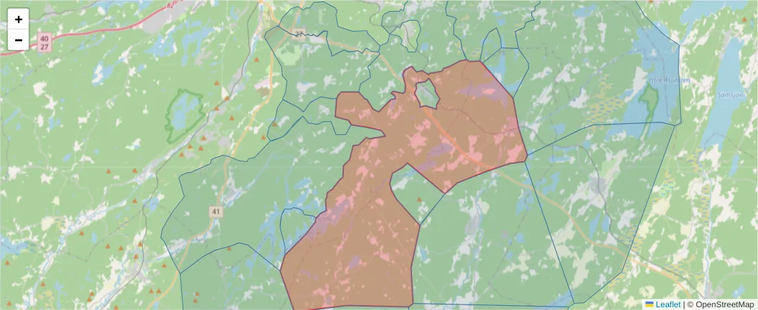 Karta över postnummerområdet  och angränsande postnummer i Sverige