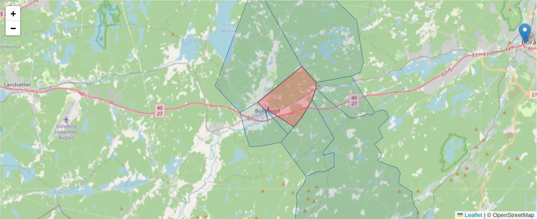 Karta över postnummerområdet  och angränsande postnummer i Sverige