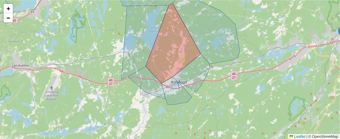 Karta över postnummerområdet  och angränsande postnummer i Sverige