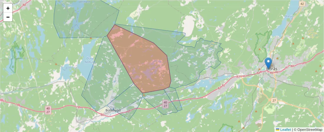 Karta över postnummerområdet  och angränsande postnummer i Sverige