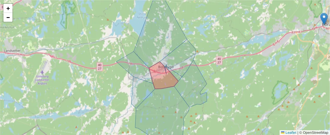 Karta över postnummerområdet  och angränsande postnummer i Sverige