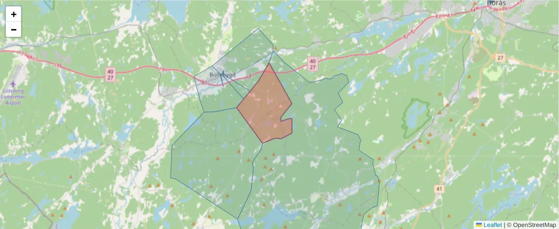 Karta över postnummerområdet  och angränsande postnummer i Sverige