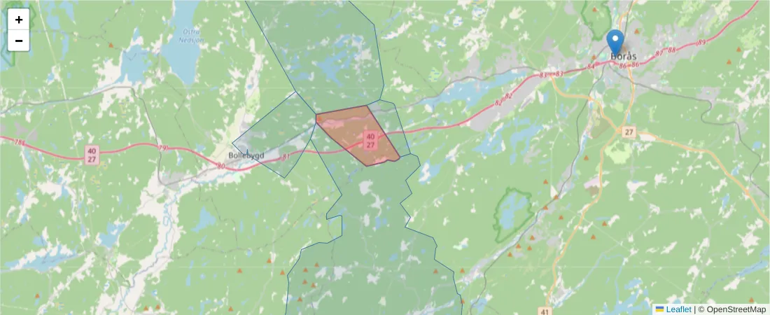 Karta över postnummerområdet  och angränsande postnummer i Sverige