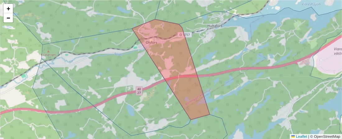 Karta över postnummerområdet  och angränsande postnummer i Sverige
