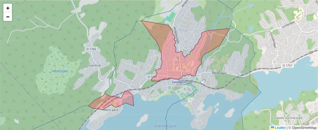 Karta över postnummerområdet  och angränsande postnummer i Sverige